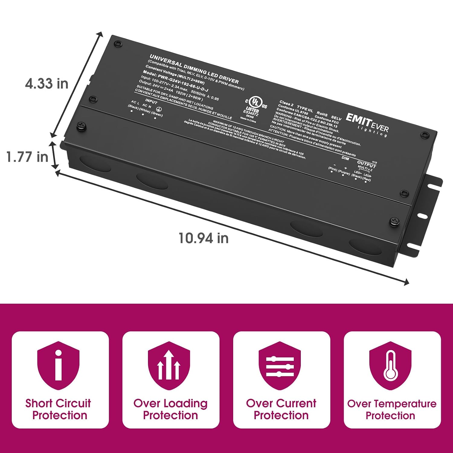 EMITEVER 192W 24V 5-in-1 2-Channel Dimmable LED Driver, AC 110-277V to DC