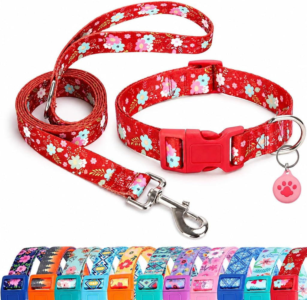 Floral Matching Dog Collar and Leash Set with AirTag Holder-Dark Flower/L