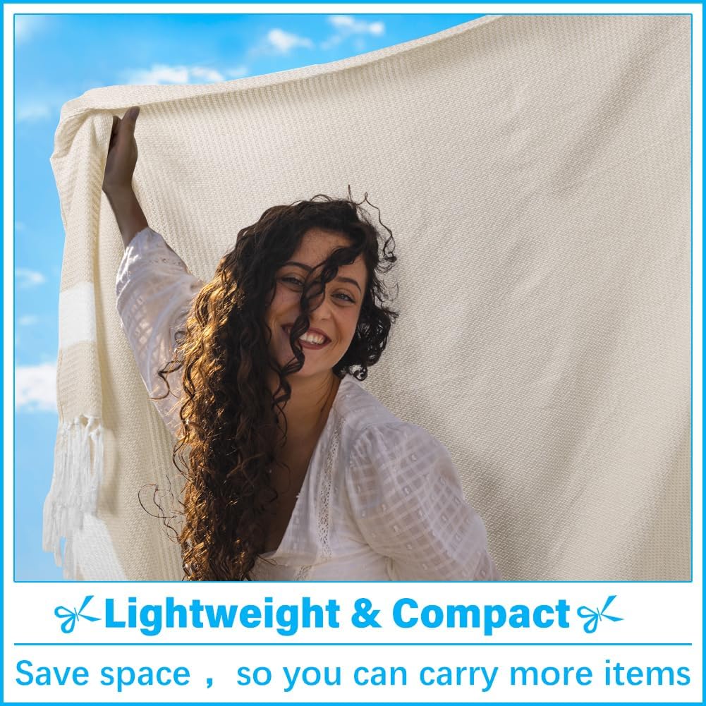 Vikumond Turkish Beach Towel Blanket Oversized 88x82 Inch Quick Dry Beige