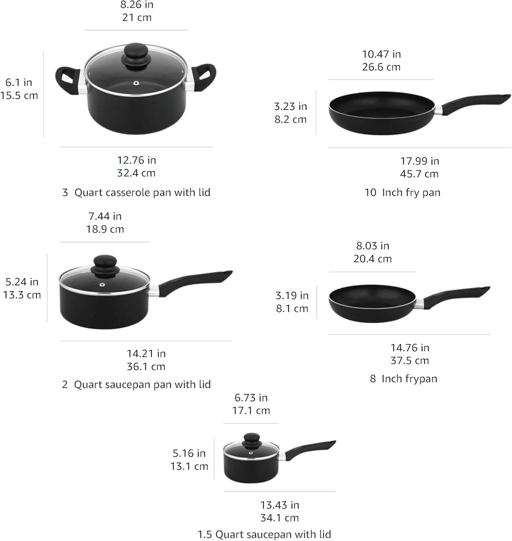 Amazon Basics Non-Stick Kitchen Cookware 8-Piece Set, Non-Induction, Includes Pots and Pans, Black