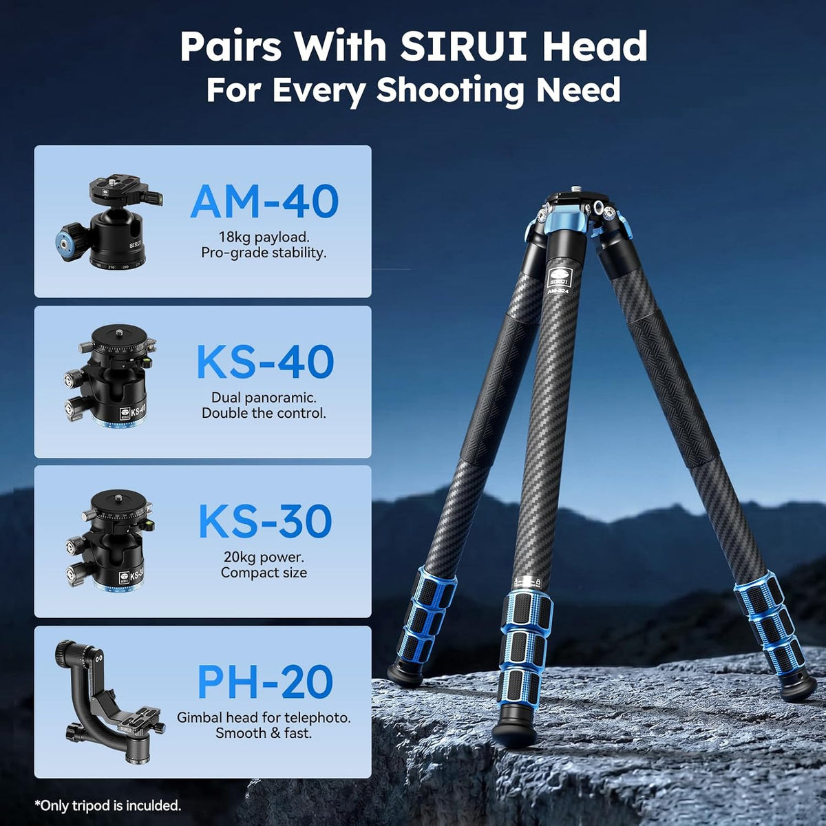 SIRUI 57"/145cm Carbon Fiber Camera Tripod, Max Laod 20KG, AM-324