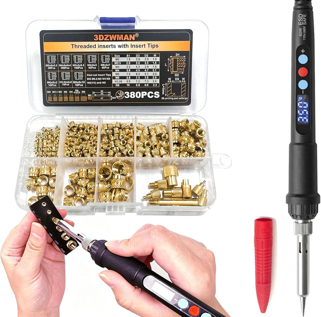 Heat Set Insert Tools kit with 60W Soldering Iron & 380 Pcs Threaded Insert