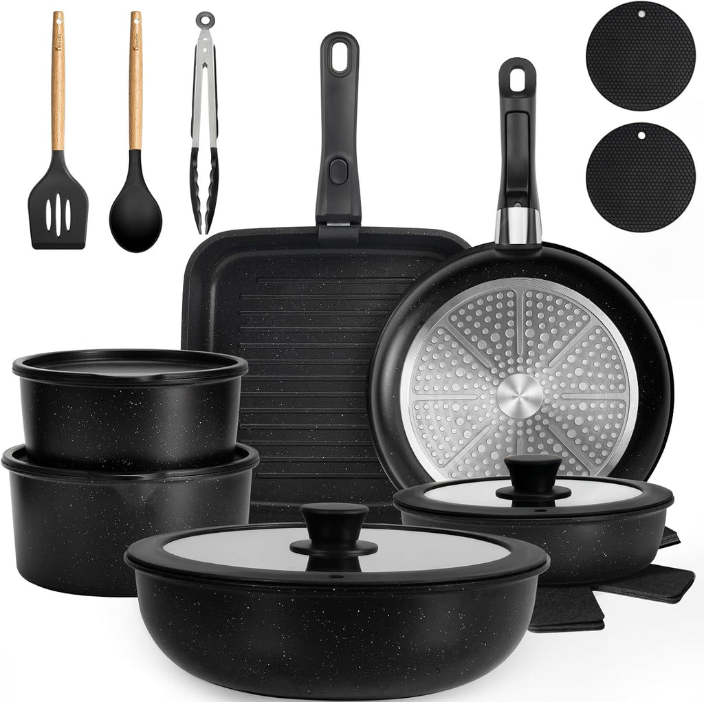 KIKCOIN Nonstick Pots and Pans Set - 22 Pack Cookware Set with Detachable/Removable Handle - Kitchen Cooking Set with Frying Pans, Grill Pan - Stackable, Dishwasher/Oven Safe, Induction Ready