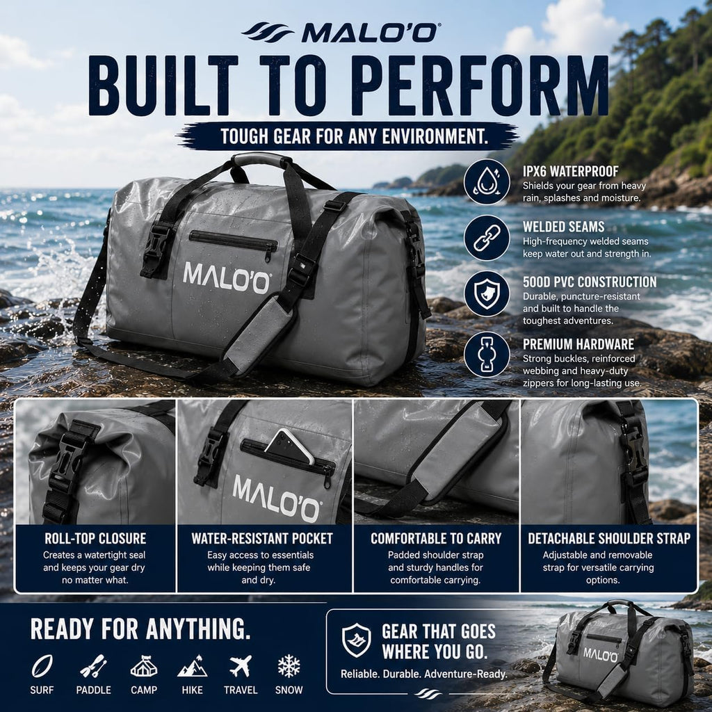 Malo’o Waterproof Dry Duffel, Heavy-Duty Roll Top Waterproof Gear Bag with Shoulder Strap & Molle Loops, Marine Duffel for Kayaking, Boating, Camping, Beach & Travel, Red, 100L