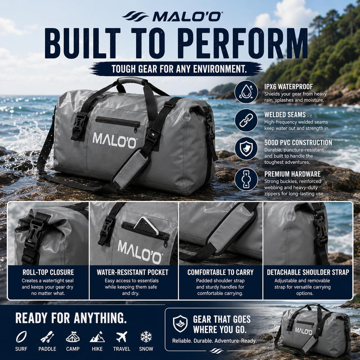 Malo’o Waterproof Dry Duffel, Heavy-Duty Roll Top Waterproof Gear Bag with Shoulder Strap & Molle Loops, Marine Duffel for Kayaking, Boating, Camping, Beach & Travel, Red, 100L