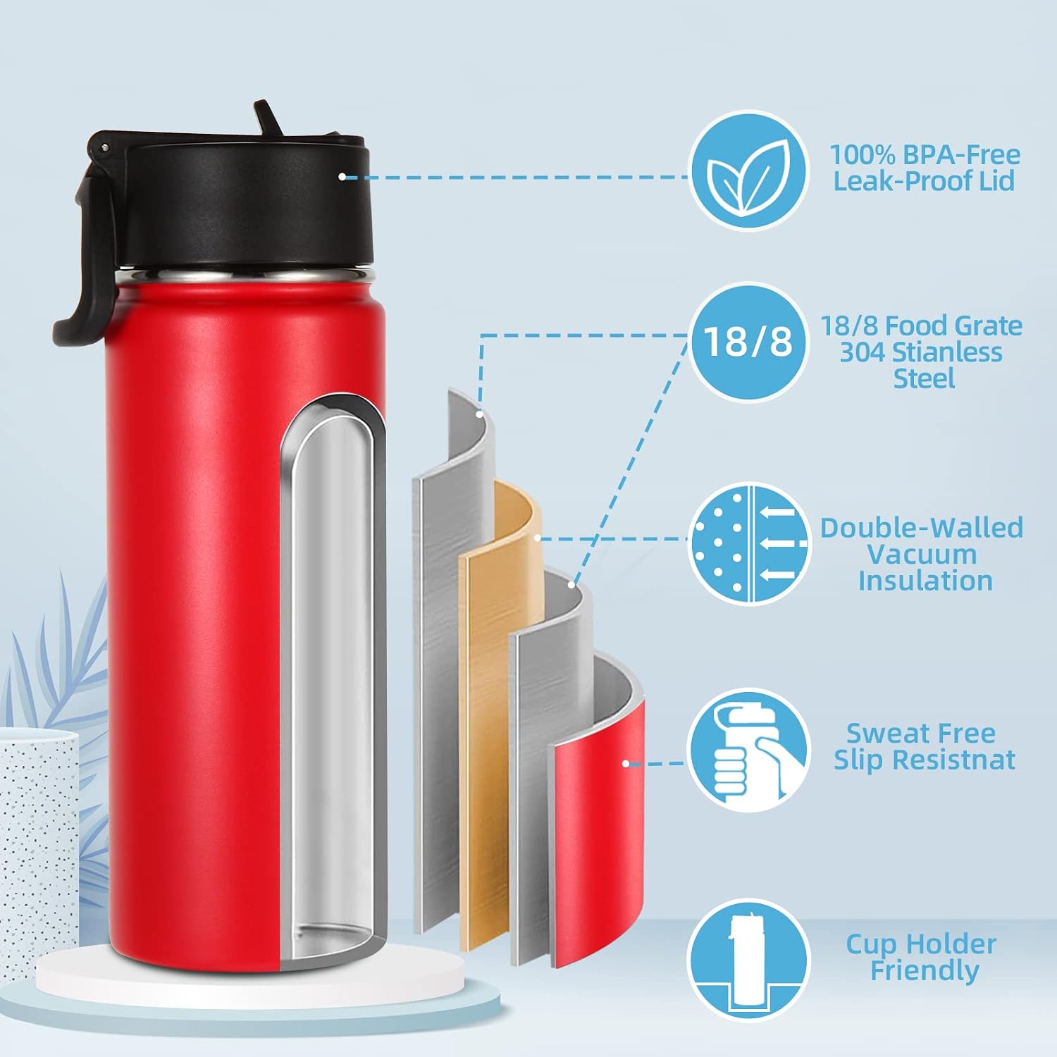 Volhoply 16 OZ Kids Water Bottle Bulk 8 Pack,Insulated Sports Bottles with Straw Lid,Stainless Steel Bottle with Handle Keep Cold & Hot,Double Wall Vacuum Tumbler Cups for School,Girls(Red, 8)
