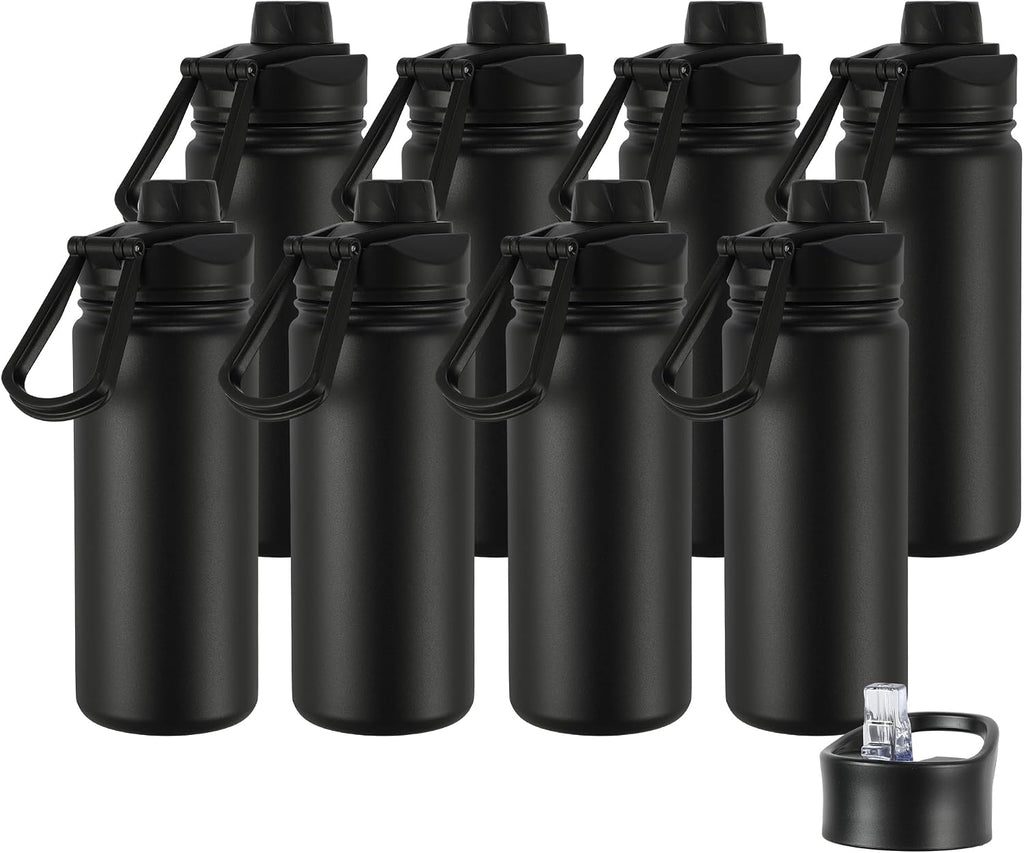 16 oz Insulated Water Bottle with Straw Lids, Stainless Steel Kids Water Bottles for School, Double Wall Vacuum Metal Water Bottle with Straw & Wide Mouth Lid, Black 8 Pack