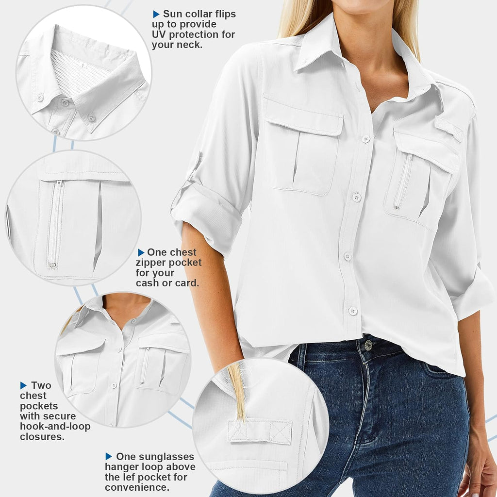 Women's UPF 50 Long Sleeve Sun Protection Safari Fish Hiking Shirts