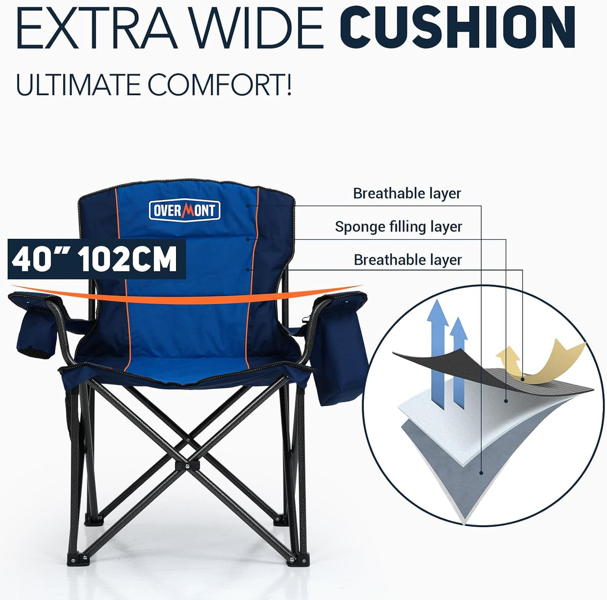 Overmont Oversized Folding Camping Chair - 450lbs Support with Padded Cushion Cooler Pockets - Heavy Duty Collapsible Chairs for Sports Garden Beach Fishing Blue