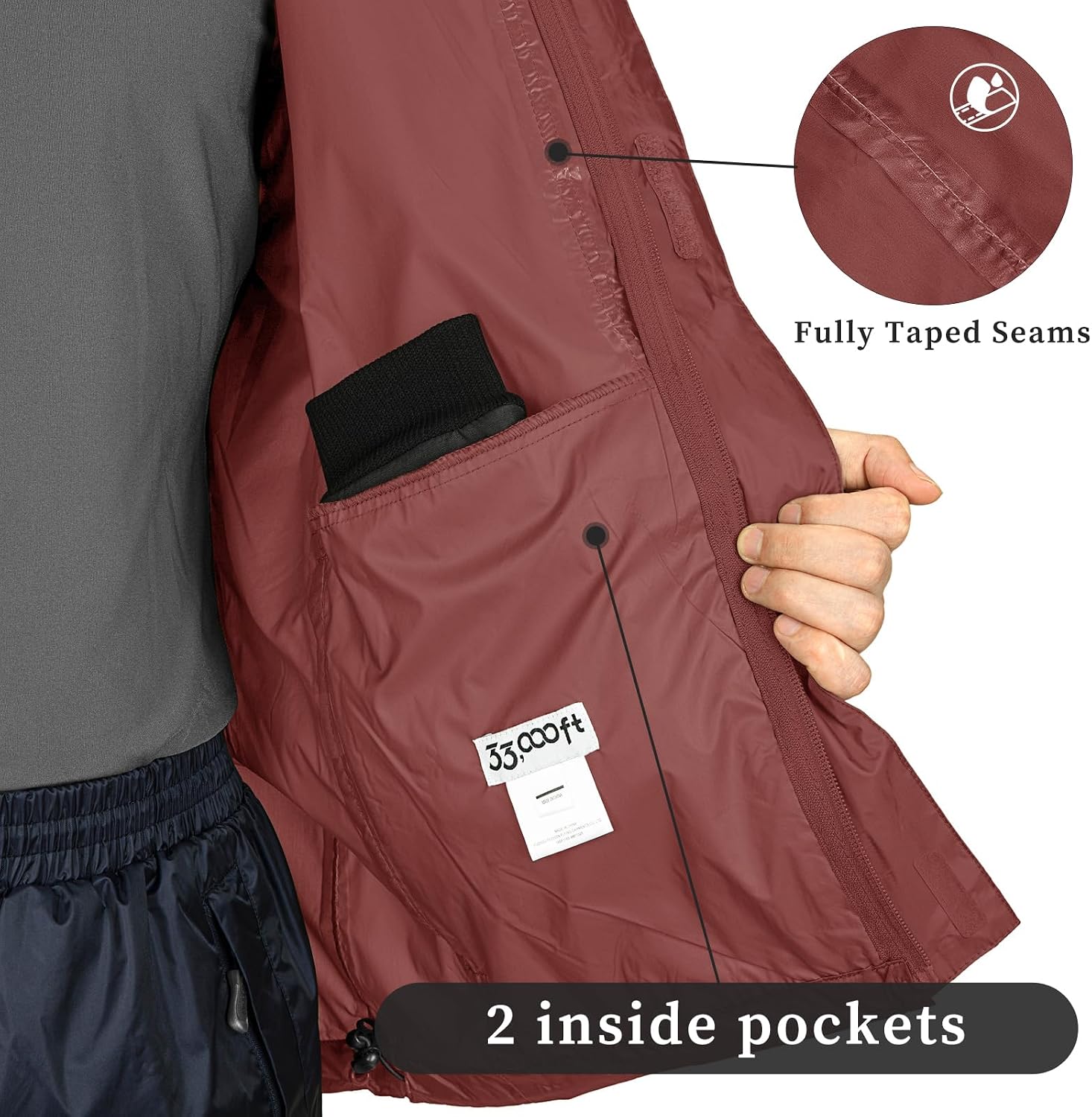 33,000ft Men's Packable Rain Jacket Lightweight Waterproof Golf Raincoat