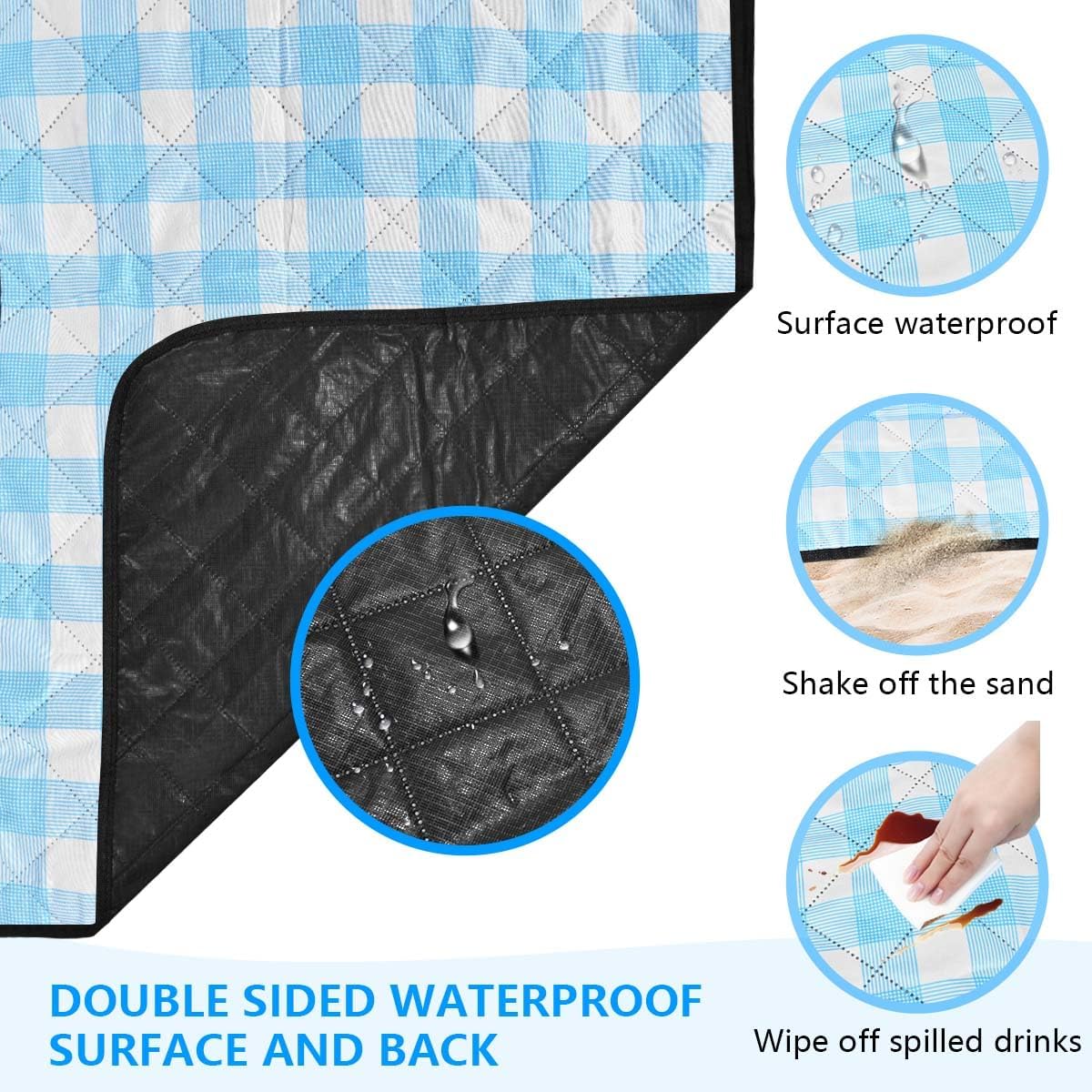OBTANIM Extra Large Picnic Blanket 80 x 80 Inch Waterproof Foldable Beach Blankets Outdoor Picnic Mat for Camping Grass Lawn Park Music Festival Party Accessories (Blue and White)