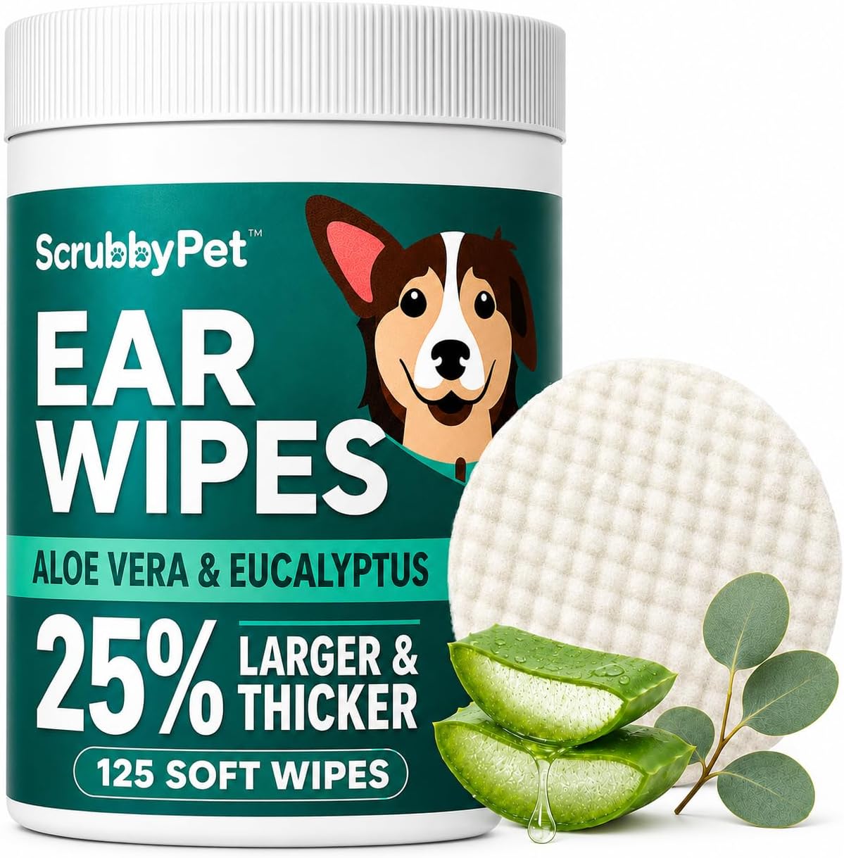 Scrubby Pet Dog Ear Wipes for Dogs | Extra Thick with Aloe Vera & Eucalyptus | 125 Count | Hypoallergenic Ear Cleaner for Dogs with Pearl Texture for Deeper Clean