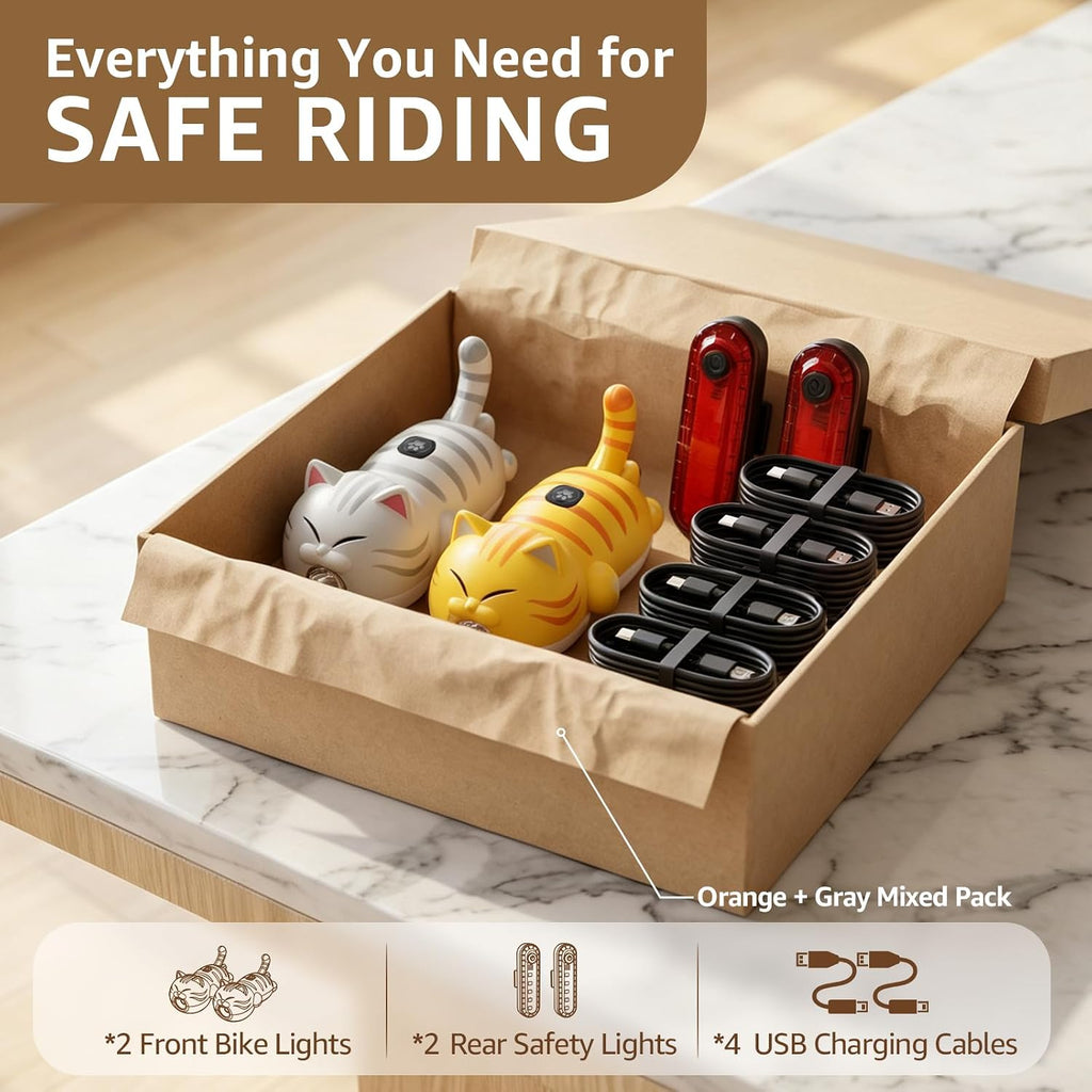 KunHe 2 Pack Cat Bike Lights Front and Back for Kids Rechargeable Set