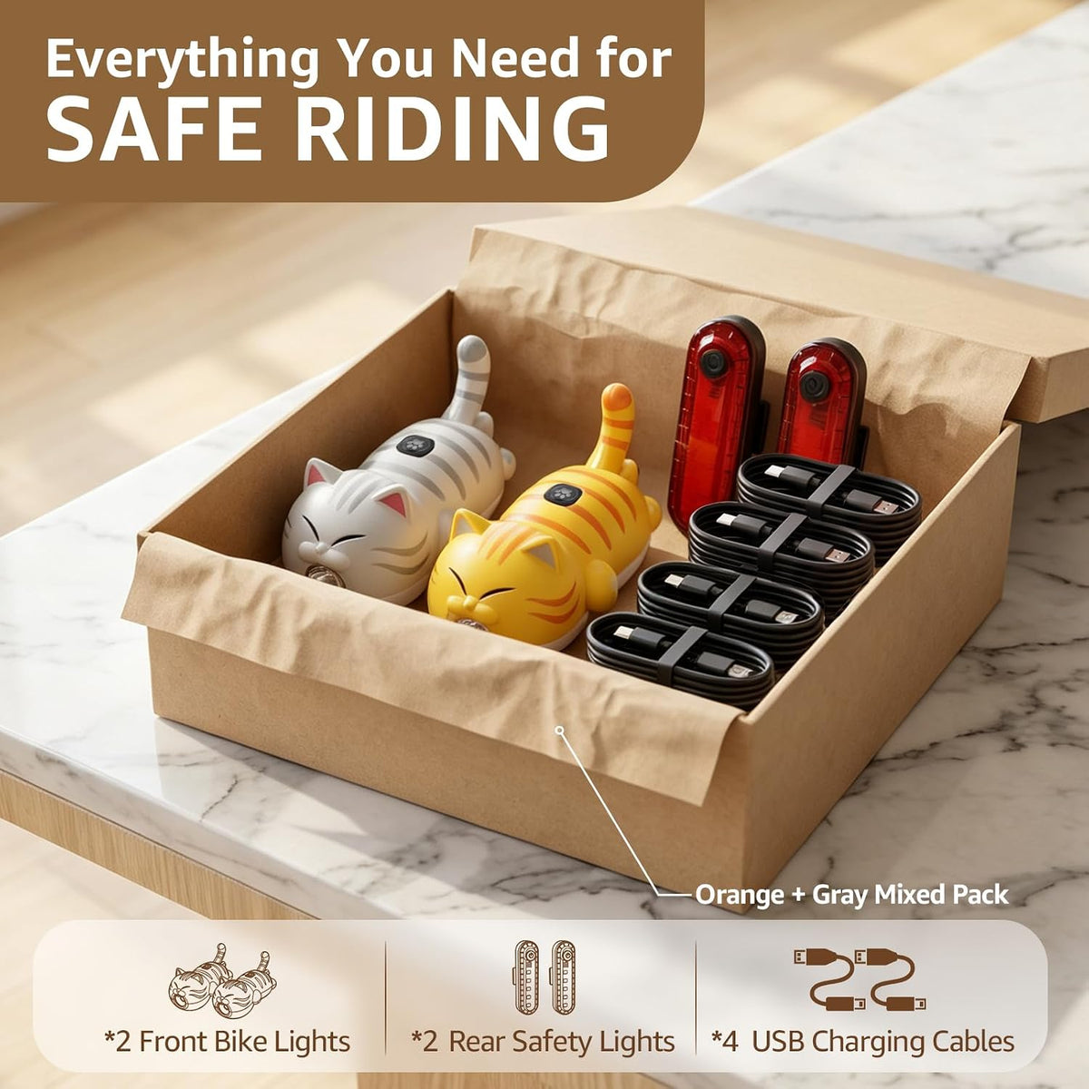 KunHe 2 Pack Cat Bike Lights Front and Back for Kids Rechargeable Set