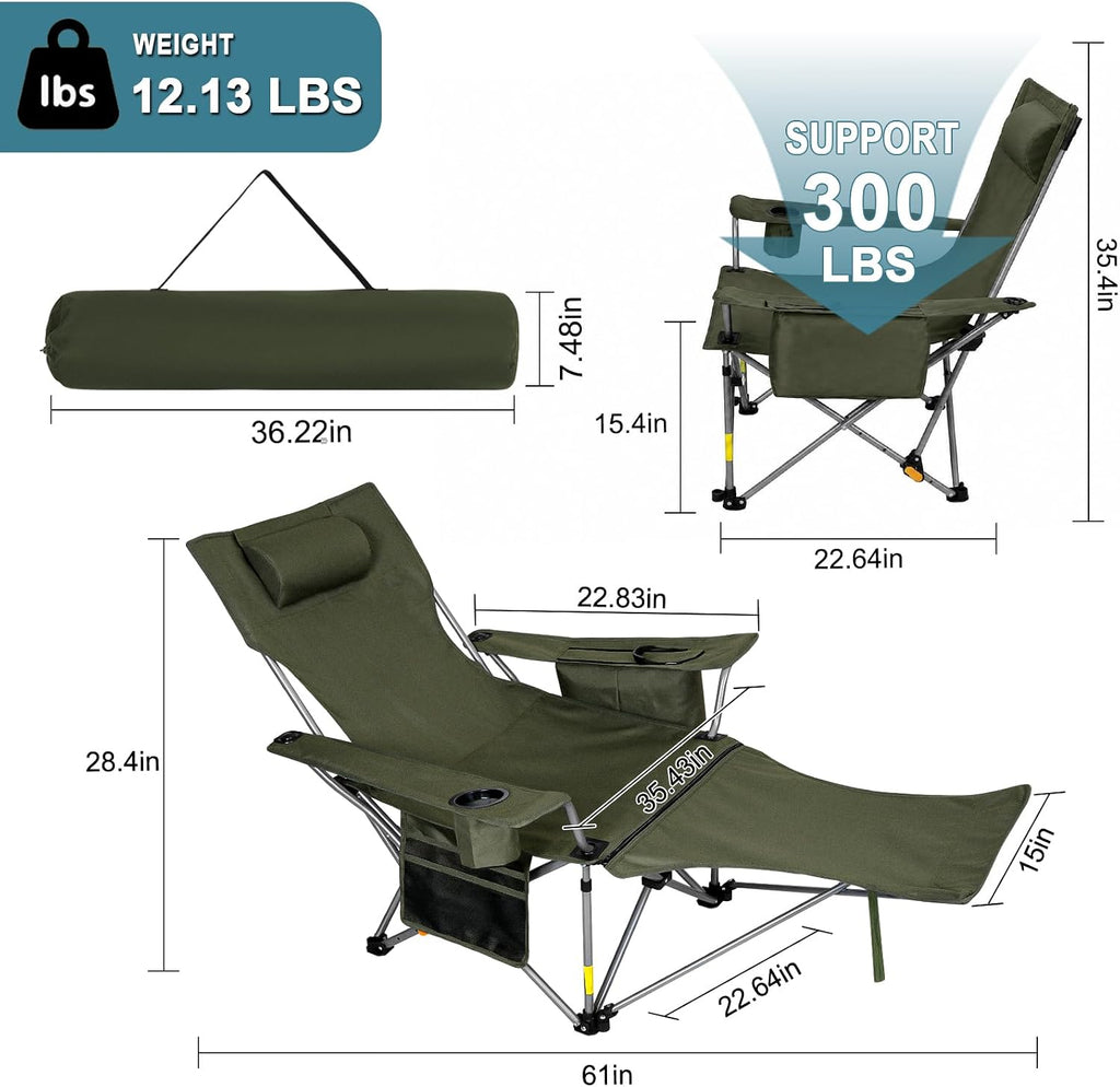 Romswi 2Pack 4-Position Reclining Camping Chair with Removable Footrest, 2-in-1 Adjustable Portable Lounge Chair with Cooler Bag, Cup Holder, Side Pockets & Carry Bag for Outdoor, Olive Green