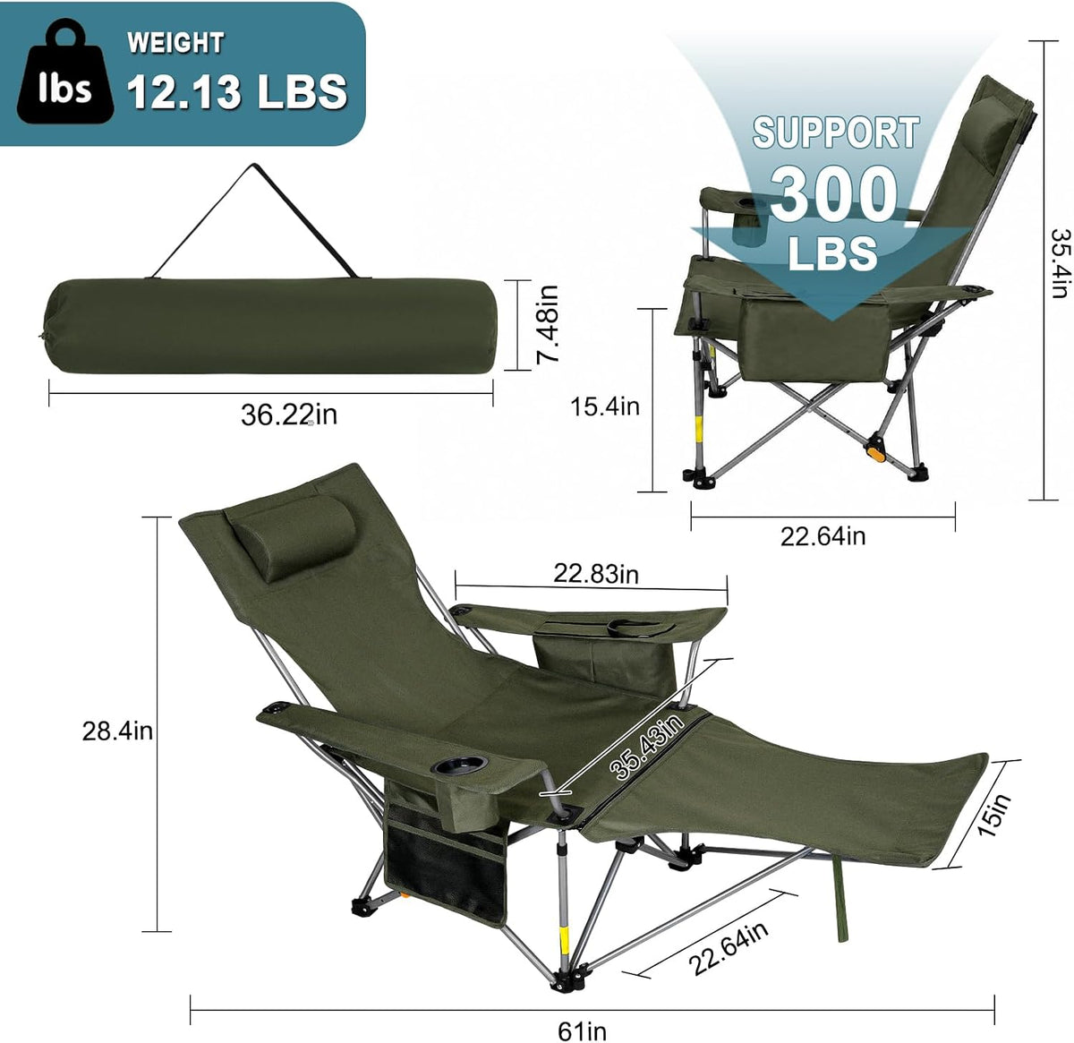 Romswi 2Pack 4-Position Reclining Camping Chair with Removable Footrest, 2-in-1 Adjustable Portable Lounge Chair with Cooler Bag, Cup Holder, Side Pockets & Carry Bag for Outdoor, Olive Green