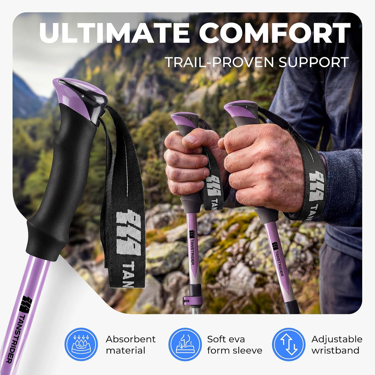 Trekking Poles for Hiking - Collapsible Lightweight 7075 Aluminum Hiking Poles (9.5 oz), EVA Grip Tri-Fold Walking Sticks for Seniors, Men & Women, Adjustable 43-53" (Set of 2)