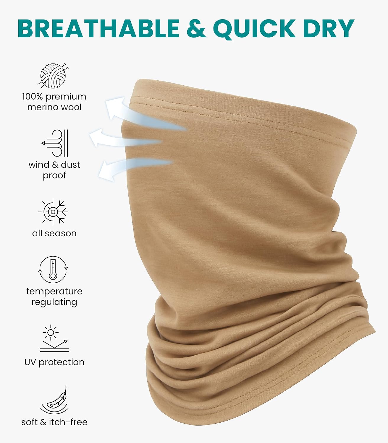 100% Merino Wool Neck Gaiter, 17.5um Face Mask, Unisex Neck Warmer 1-2 Pack