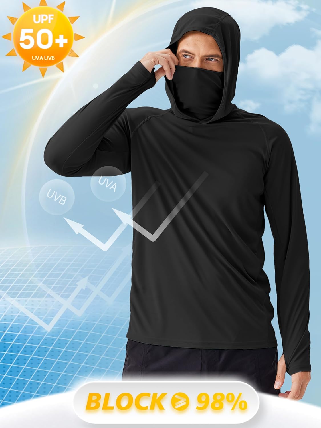 PINSPARK UPF 50+ Sun Hoodie Long Sleeve Fishing Shirts for Men with Mask
