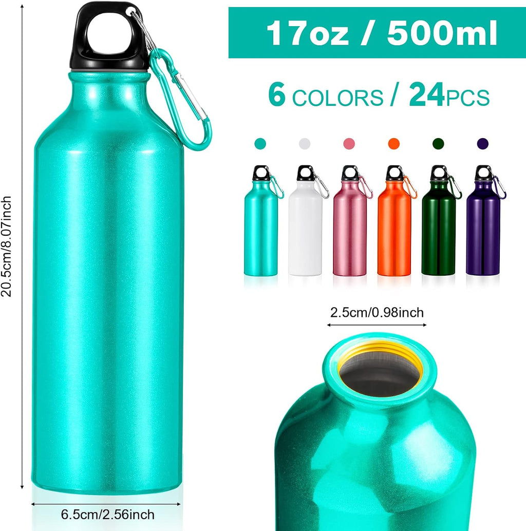 24 Pcs Aluminum Water Bottle 17oz Aluminum Reusable Bottles with Clips Sports Lightweight Water Multipack Easy Carry Leakproof Travel for Gym Hiking Cycling Sports Outdoor(Assorted Color)
