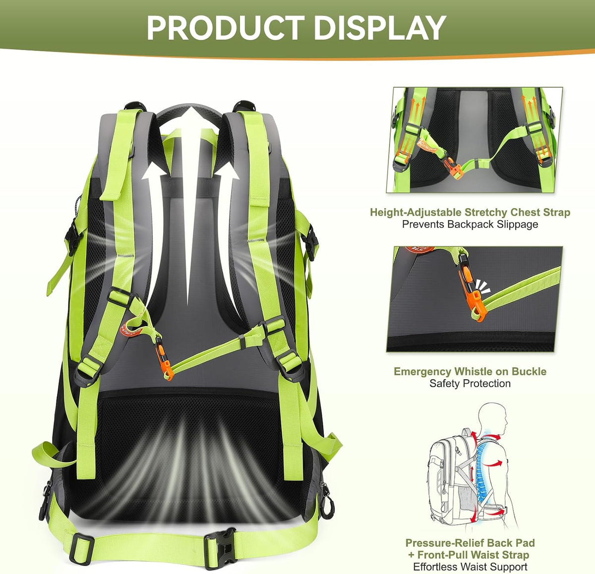 50L Hiking Backpack for Men Women, Waterproof Outdoor Daypack,Green