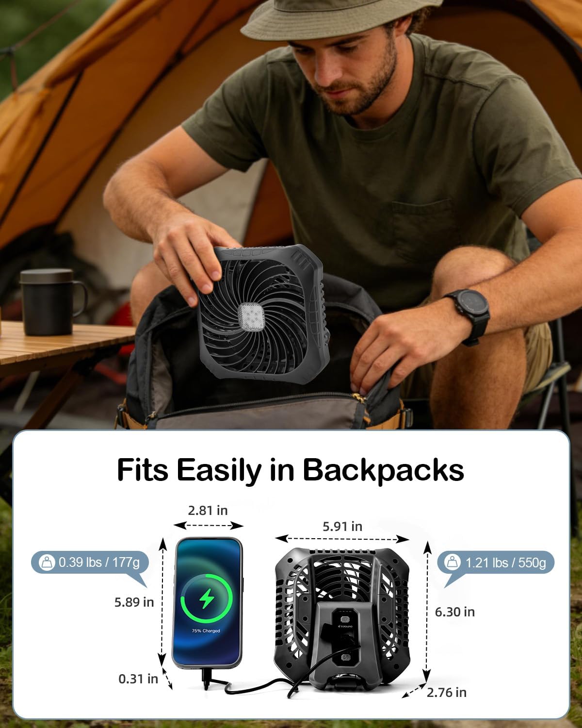 Odoland Portable Camping Fan with LED Lantern, 40H Rechargeable Battery Fan
