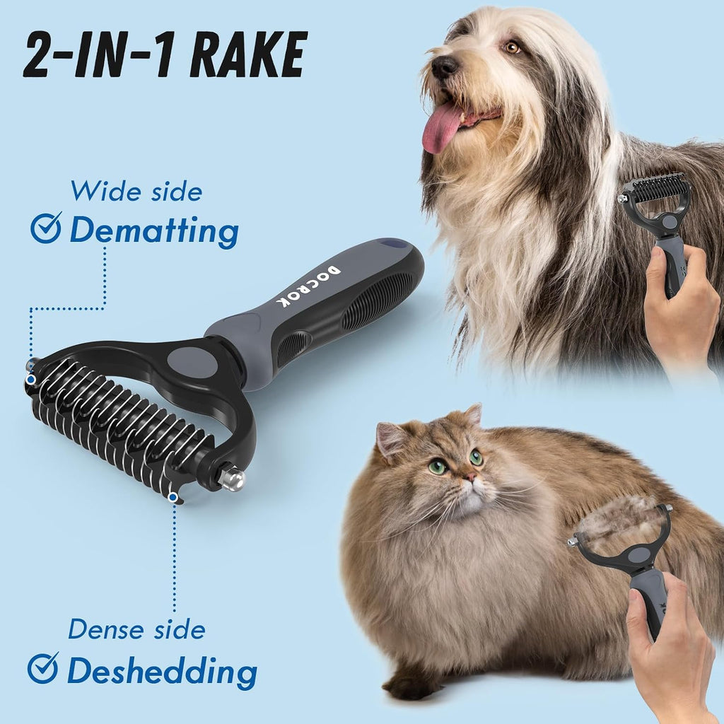 Docrok Pet Grooming Brush and Metal Comb Combo for Dogs & Cats, Gray