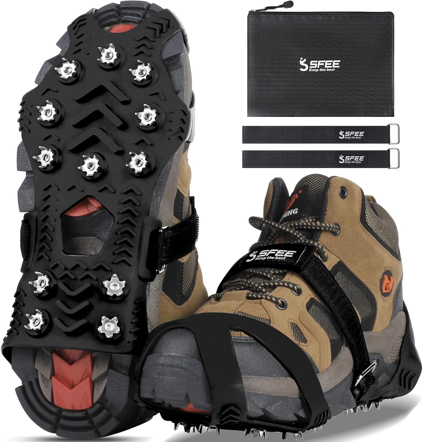 Sfee Crampons for Winter Boots, Upgraded Ice Cleats Stainless Steel Women Men Anti Slip Ice Traction Cleats Grips with Straps, Perfect for Hiking, Walking, Climbing, Ice Fishing