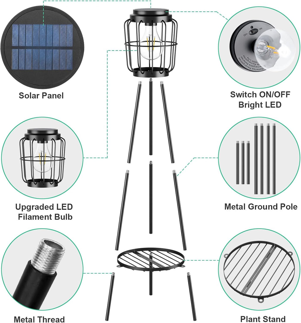 VISFLAIR Solar Lights with Plant Stand, Outdoor Floor Lamp, Waterproof Solar LED Edison Bulb Light Flower Shelf for Patio Porch Deck Yard Garden Decor-1 Pack
