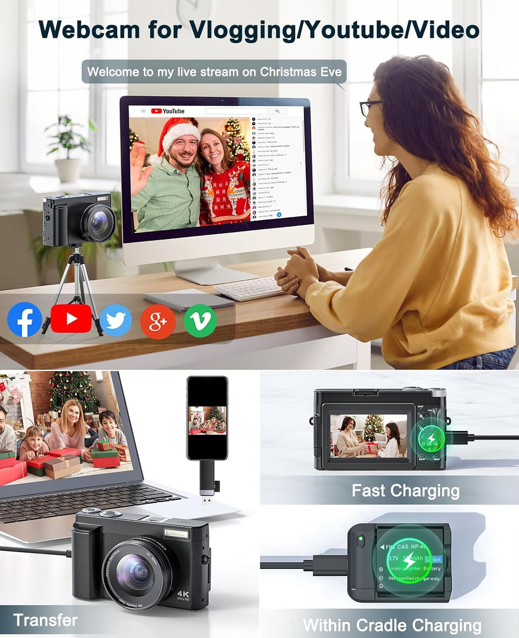 4K Digital Camera for Beginners & Teens, with Flip Screen, 32G Card(Black)