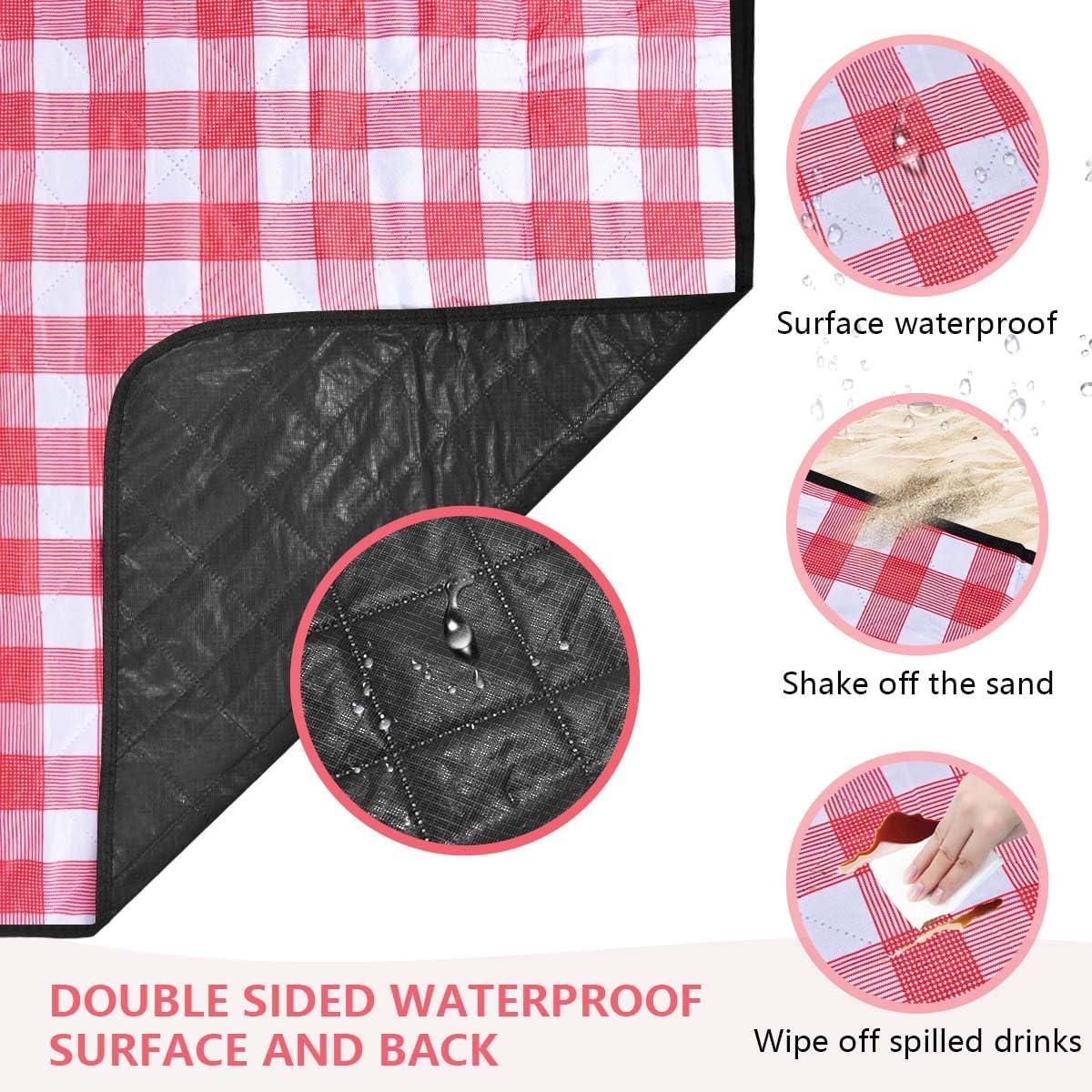 OBTANIM Extra Large Picnic Blanket 80 x 80 Inch Waterproof Foldable Beach Blankets Outdoor Picnic Mat for Camping Grass Lawn Park Music Festival Party Accessories (Red and White)