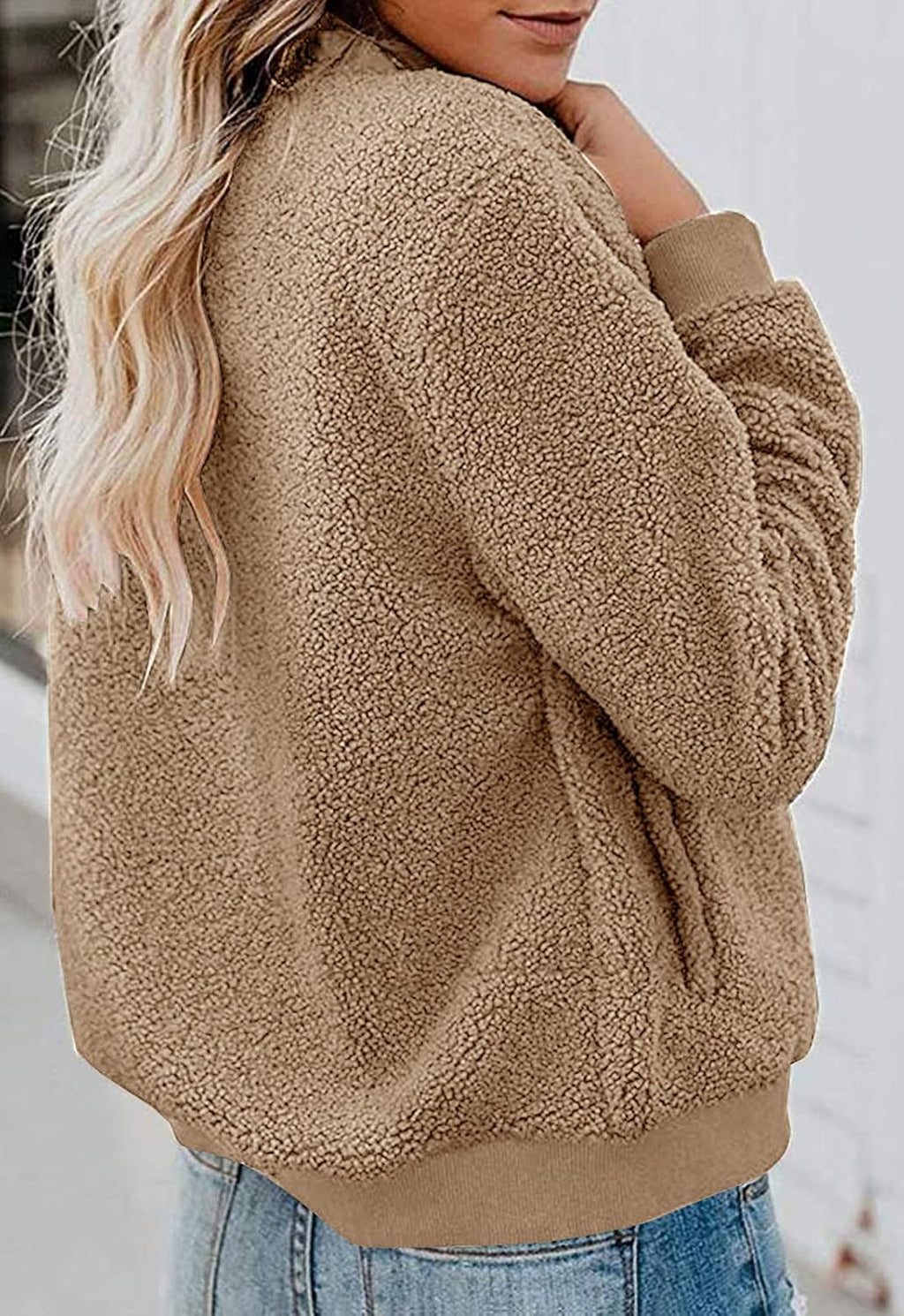 MIROL Women's Fall Fleece Bomber Jacket Trendy Sherpa Winter Coat Fuzzy Casual Long Sleeve Zip Up Loose Fit Jackets