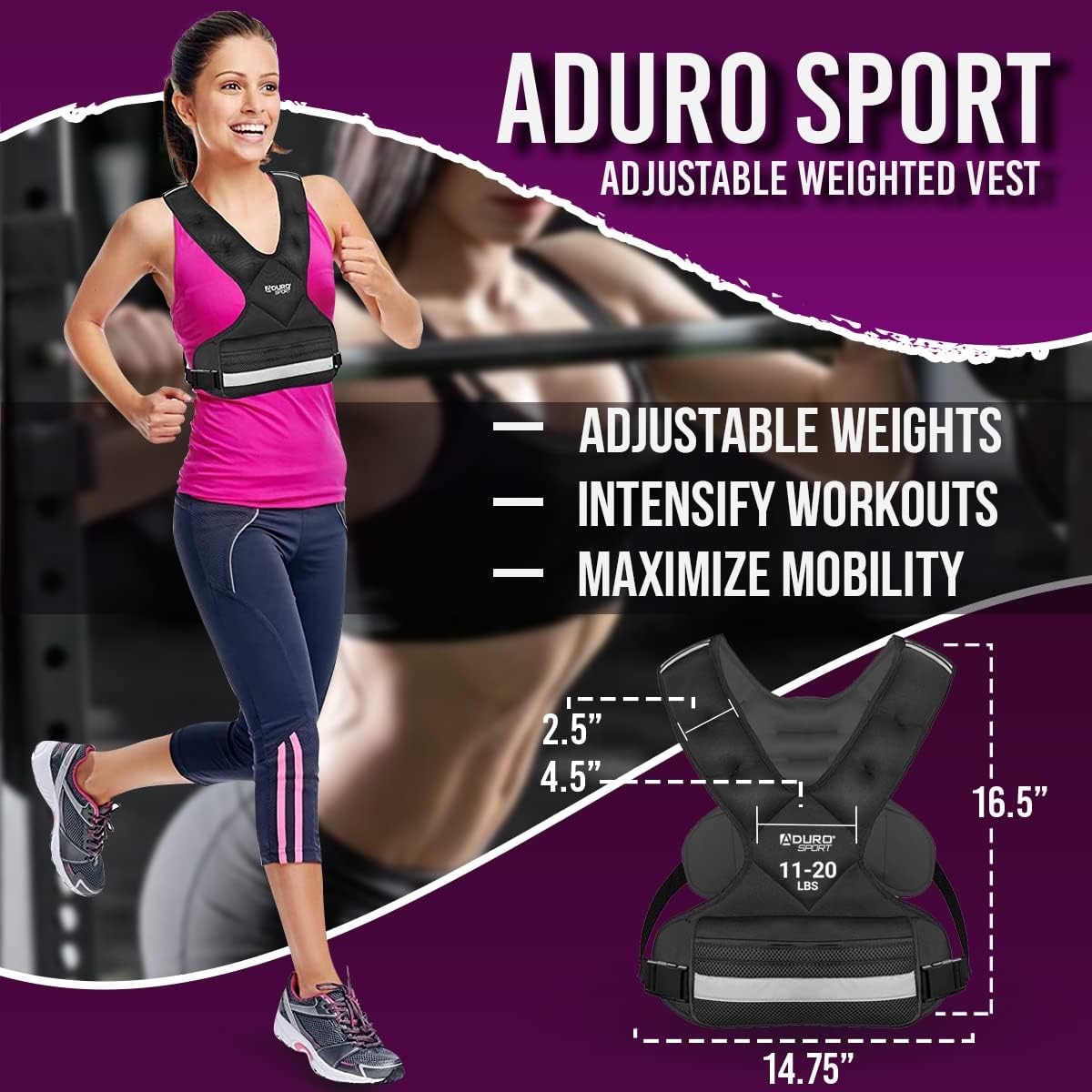 "Aduro Sport Adjustable Weighted Vest Workout Equipment, 4-10lbs/11-20lbs/20-32lbs/26-46lbs Body Weight Vest for Men, Women, Kids"