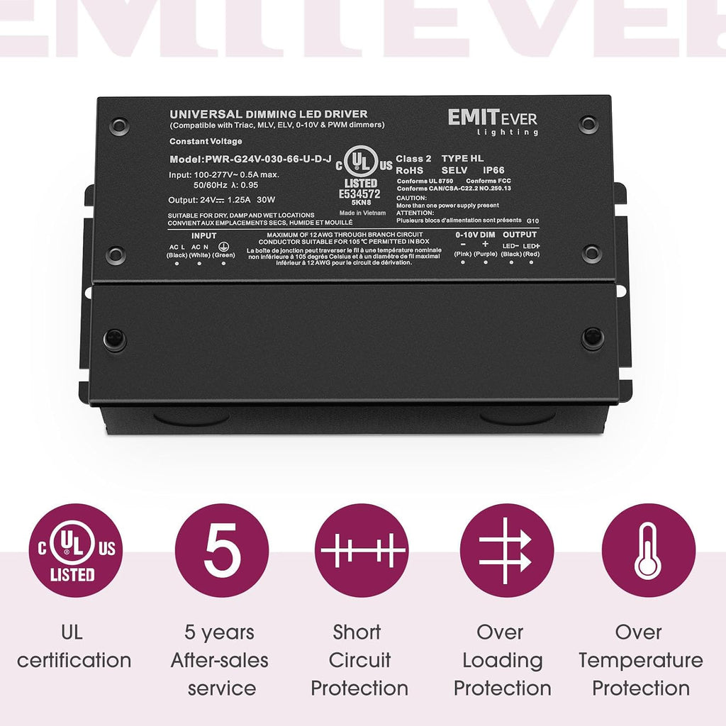 EMITEVER 2-Pack 30W 24V 5-in-1 Dimmable LED Driver, AC 110-277V to DC