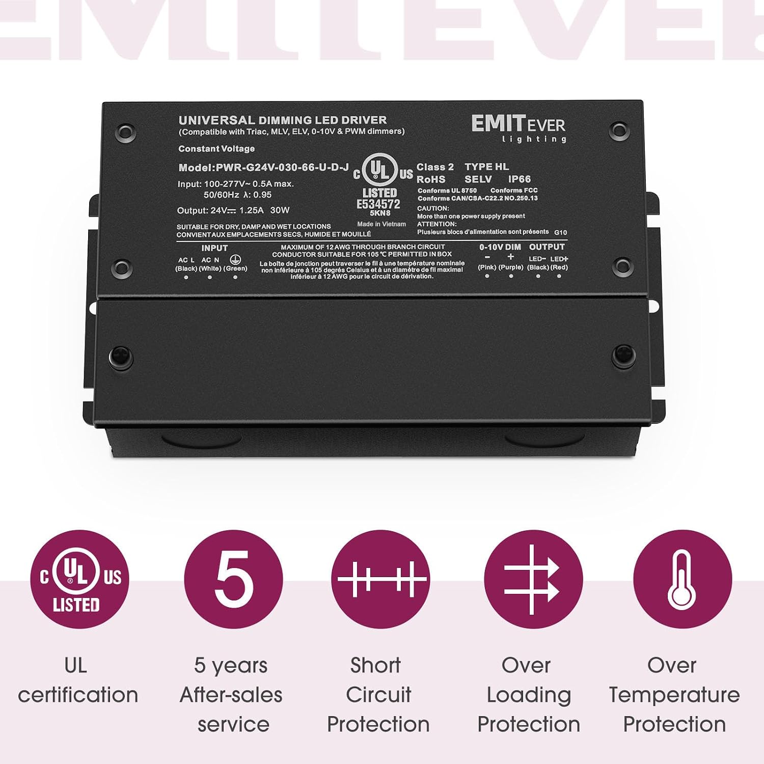 EMITEVER 2-Pack 30W 24V 5-in-1 Dimmable LED Driver, AC 110-277V to DC