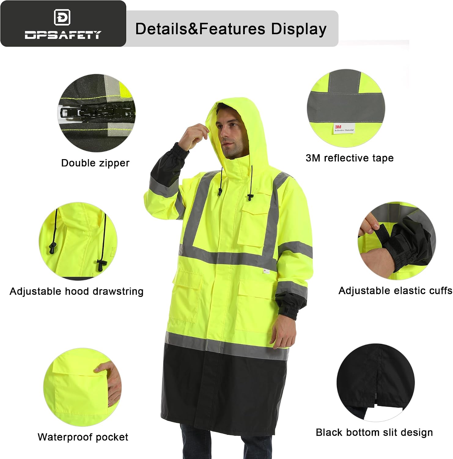 Reflective Rain jackets for men waterproof,Hi Vis Rain Coat With 3M Reflective Strips，High Visibility Class 3 Rain Gear With 2 large pockets，Zipper,Black Bottom Lime，6XL