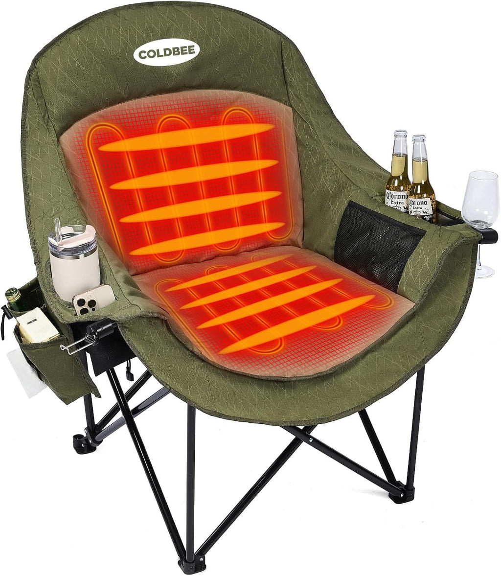 Heated Oversized Camping Chair, Heavy Duty Padded, Thick Headrest, Green