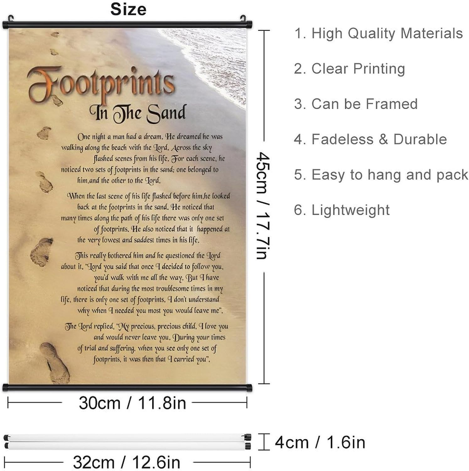 Footprints in the Sand Religious Canvas Wall Art Posters, Inspirational Beach Sunset Poem Print Poster (Black Axis 12x18inch, Footprints(3))