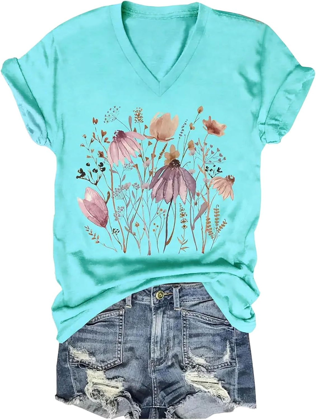 Vintage Boho Tops for Women V-Neck Flowers Shirt Spring Graphic Tees Floral Print Summer Casual Short Sleeve Tshirt Top