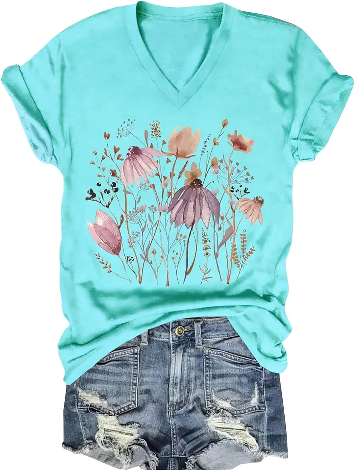 Vintage Boho Tops for Women V-Neck Flowers Shirt Spring Graphic Tees Floral Print Summer Casual Short Sleeve Tshirt Top