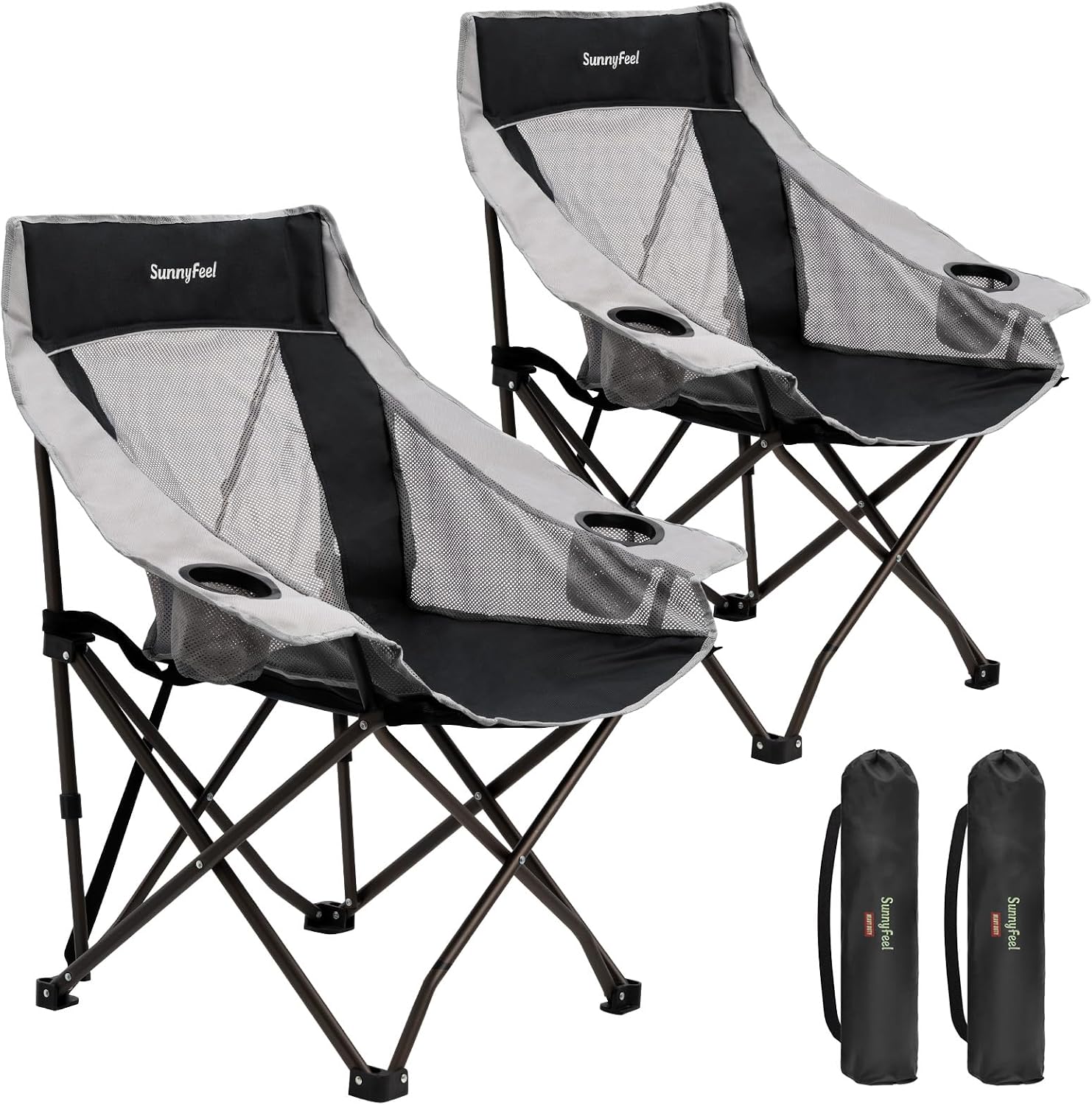 SUNNYFEEL 2 Pack Lightweight Oversized Camping Chairs for Adults, Heavy Duty Portable Folding Chair with Carry Bag, Side Pockets & Cup Holder, Supports 300 lbs, for Tailgating Hiking Picnic Backyard