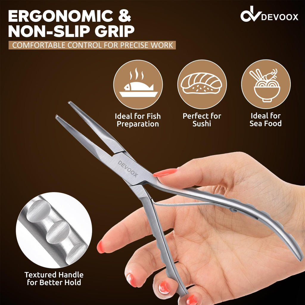 Fish Bone Pliers Curved 6.5" Stainless Steel Japanese Made Needle Nose Pliers for Premium Food Grade Fish Bone Tweezers with Heavy Duty Pin Bone Remover with Non-Slip Grip Fish Deboning Plier.