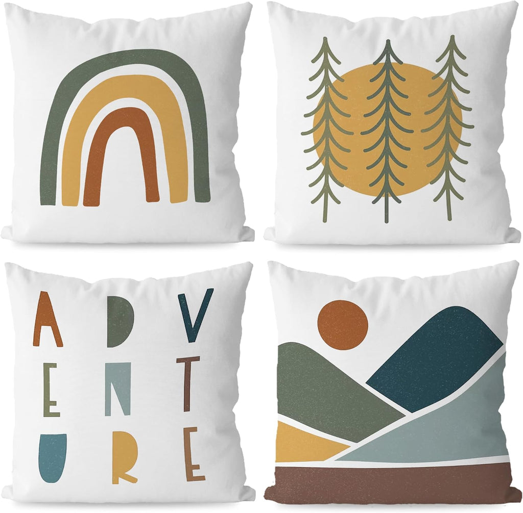 KEUSPI Classroom Moving Mountains Decor Kids Decorative Throw Pillow Covers18×18, Adventure Camping Decor Rainbow Sun Mountain Pillow Cover, Kids Pillows for Playroom Nursery Decor Set of 4
