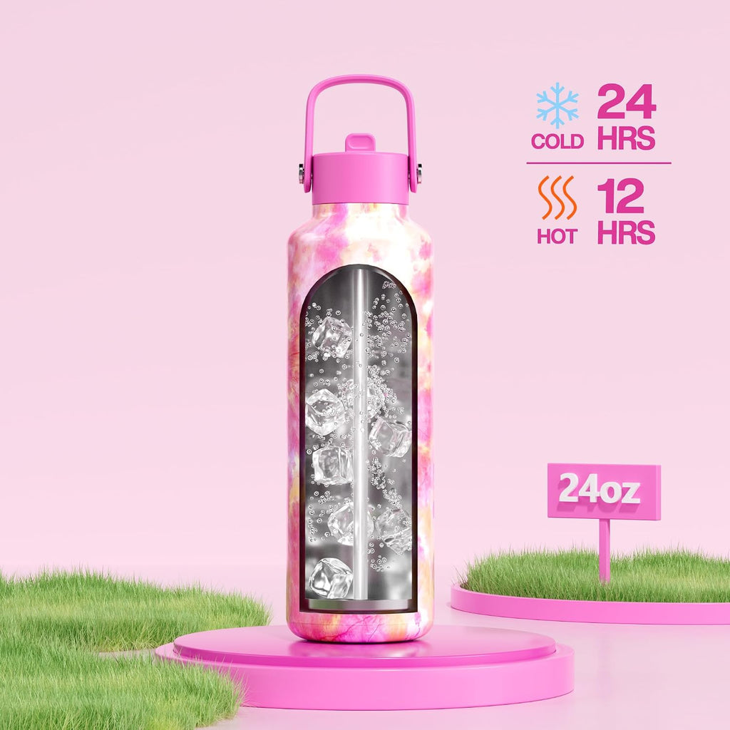 24 oz Vacuum Water Bottle for School: Lightweight, Leakproof, Flex Cap, BPA-Free, Cupholder Friendly, Vacuum Flask with Straw for Girl, College, Outdoors, Sport, Daily, Gift, Classroom (Citrus Dream)