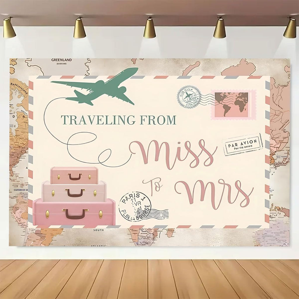 Traveling from Miss to Mrs Photography Background Postcard Suitcases Travel Adventure Begin Backdrop Bridal Shower Wedding Supplies Baby Shower Party Decorations (7X5FT)