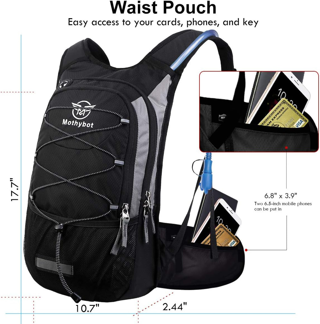 Mothybot Insulated Hydration Backpack Pack with 3L BPA Free Leak Proof Water Bladder, Large Storage Lightweight Hiking Daypack with Waist Pouches & Cooler Layer, for Running, Biking, Camping, Festival