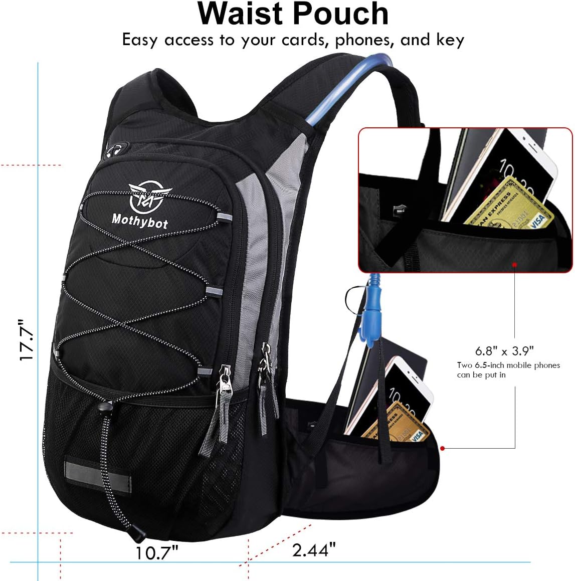 Mothybot Insulated Hydration Backpack Pack with 3L BPA Free Leak Proof Water Bladder, Large Storage Lightweight Hiking Daypack with Waist Pouches & Cooler Layer, for Running, Biking, Camping, Festival