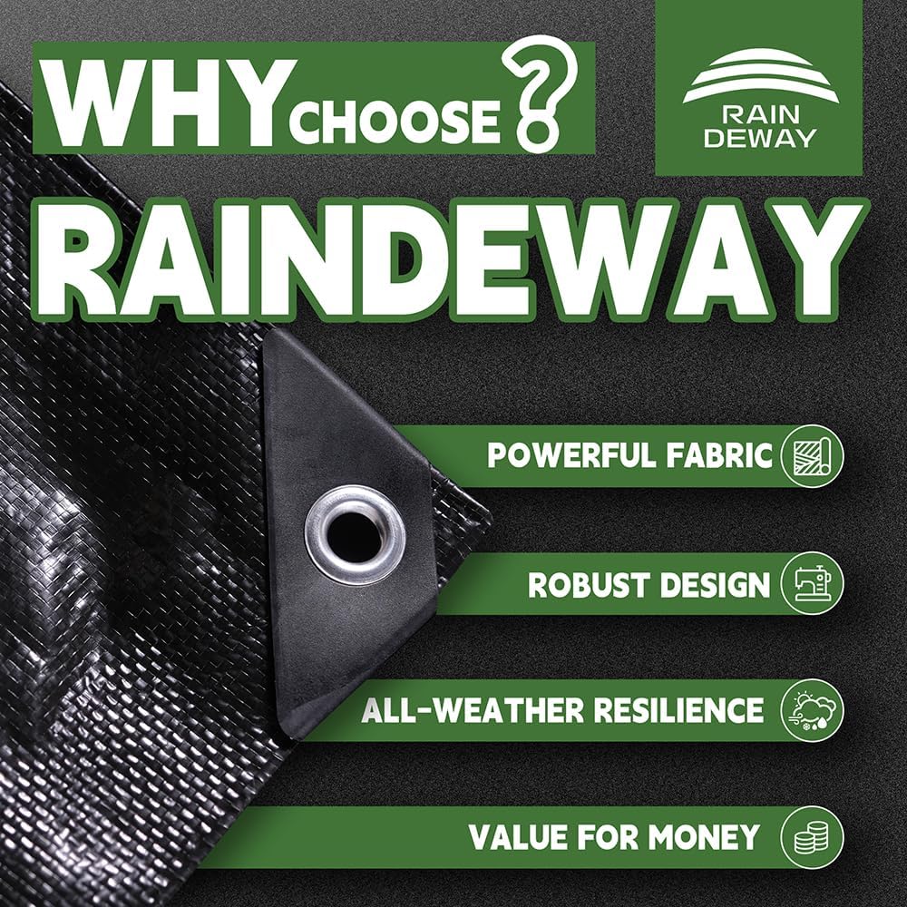 RAINDEWAY Black Tarp 9x16 Feet 8 Mil Multipurpose Waterproof Tarps