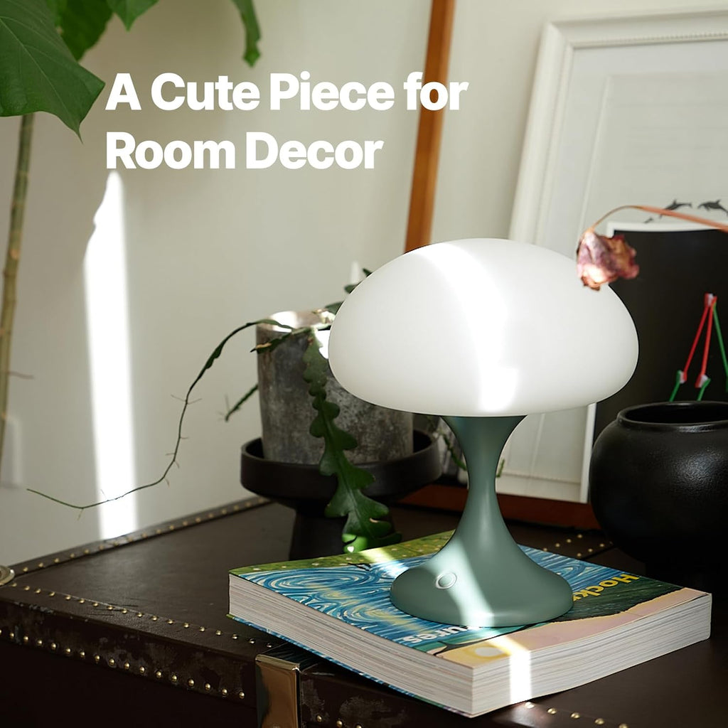 MAGCHARM Mushroom Lamp, 5W LED Cordless Rechargeable Table Lamp with Glass Shade, Small Retro Dimmable Touch Light with 3 Color Temps, Aesthetic Mid Century Bedside Light for Bedroom Ambient, Green