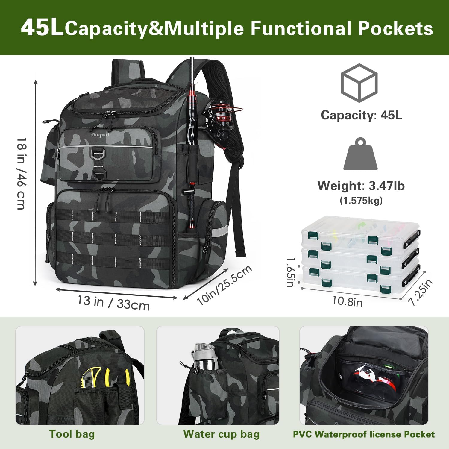 Fishing Backpack with 2 Rod Holders, Large Water Resistant Tackle Storage Bag for Fishing Gear, Fishing Bag Gifts for Men